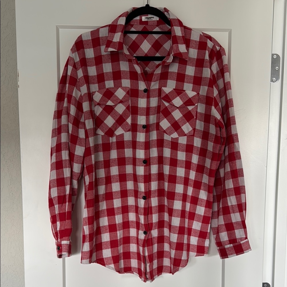 Zeagoo Red and White Plaid Blouse